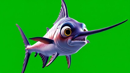 Animated cartoon swordfish character swimming directly towards the camera on a vibrant green screen background showcasing its unique features and playful expression in a fun and engaging way.