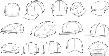 Hat design sketch collection, black line art styles, baseball and flat caps, casual headwear set, fashion reference, flat vector illustration