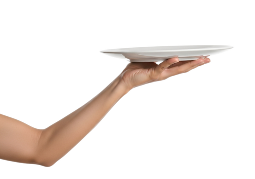 Hand holding a white ceramic plate with a slight tilt isolated on a transparent background image