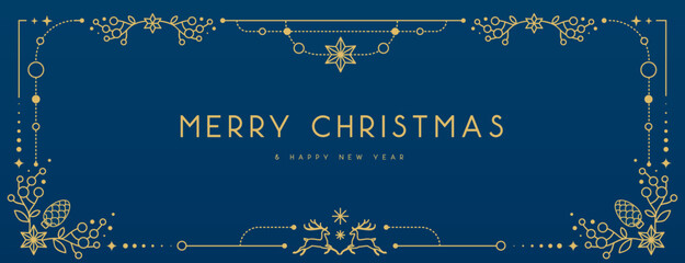 Modern Christmas frame or holiday greeting card on blue background. Line art vector illustration © annbozhko