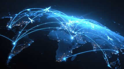 Global travel network with flight paths and planes