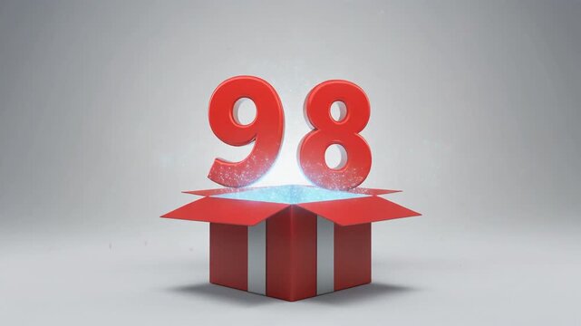 Nicely wrapped gift box popping open, the number 98 appears. Video for birthday or anniversary party