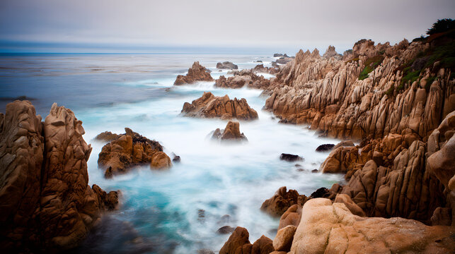 crashing. Ocean waves crashing against coastal rocks with long exposure motion. travel magazines, destination branding, designed for outdoor magazines and nature guides.