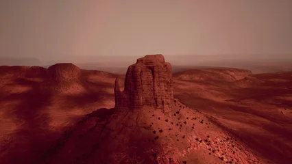 Fototapete Rund Bordeaux Golden sunlight bathes towering red rock formations in a tranquil desert setting. The surreal landscape invites exploration and offers breathtaking views of nature’s artistry.  © icetray