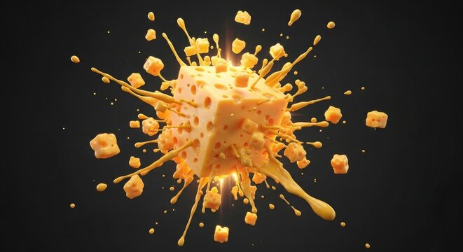 Exploding Cheddar Cheese Cube, Dynamic Yellow Cheese Sauce Splash