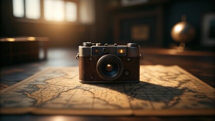 Classic brown vintage camera resting on an old map bathed in cinematic soft light