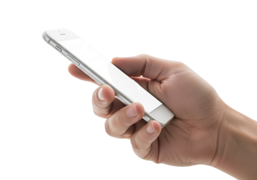 Hand holding a white smartphone with a blank screen isolated on a transparent background mobile phone