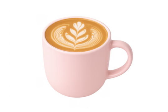 Pink coffee mug with latte art on transparent background