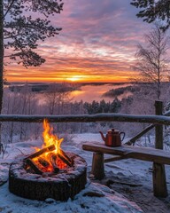Winter Campfire at Sunrise in Snowy Landscape