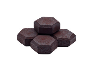 Dark chocolate hexagon pieces arranged in cluster, isolated on transparency background, showing rich texture and geometric shape, perfect for dessert or confectionery concepts