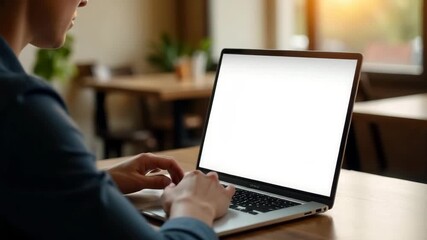 A young Caucasian man with short brown hair works on a laptop in a cozy cafe. Sunlight streams through the window, creating a warm atmosphere.