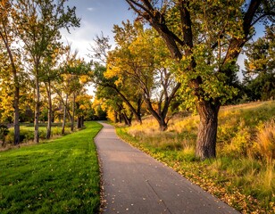 Naklejka premium Winding paved path through vibrant autumn foliage and grassy hillside. Sunlight streams through the trees, painting a beautiful landscape