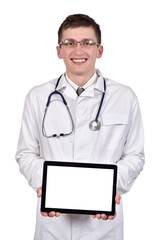 The doctor is smiling and holding a blank digital tablet.