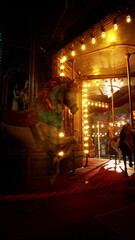 Naklejka premium At a vibrant carnival, colorful lights illuminate a classic carousel. People enjoy the festive atmosphere, while a beautifully crafted horse stands out as the centerpiece of joy and excitement.
