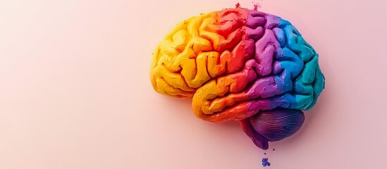 Colorful rainbow brain model showing anatomical details on pink background, representing creativity, psychology, and mental health concepts.
