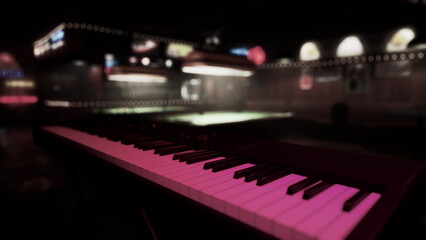 A cozy jazz bar features a black and white keyboard near the foreground. Soft lights illuminate the space, creating a warm atmosphere for upcoming live music.
