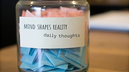 Close up of a glass jar filled with colorful paper slips for daily thoughts and reflection on the mind shapes reality theme