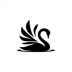 Abstract Swan Logo Floating on Water with Fanned Feather Wings Silhouette.