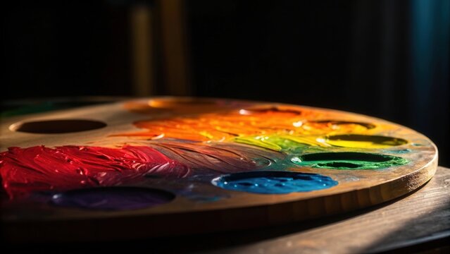 Close up of a wooden artist palette covered in colorful oil paint smudges with dramatic side lighting - Powered by Adobe