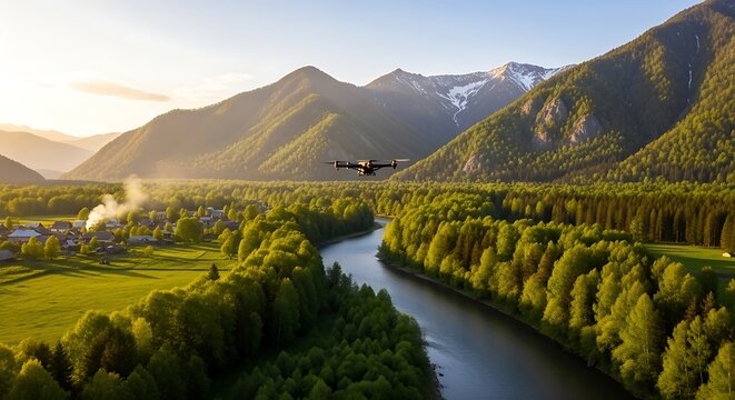 Breathtaking aerial view of a river winding through a lush green valley with majestic mountains and a small plane flying overhead at sunset.