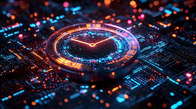Futuristic heart-shaped digital clock on circuit board with glowing neon lights and bokeh effect, representing technology and love concept.