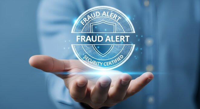 A hand holding a glowing fraud alert security certified seal with a shield inside it