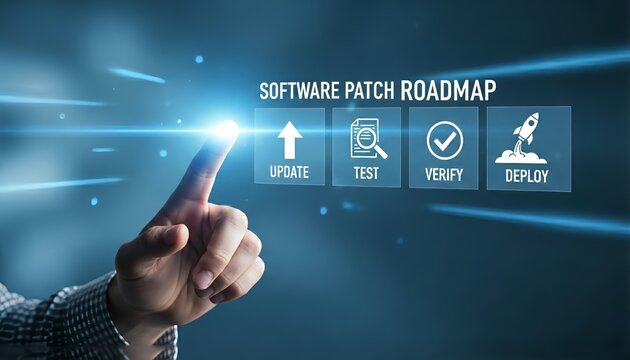 A finger touches a software patch roadmap with update test verify and deploy icons