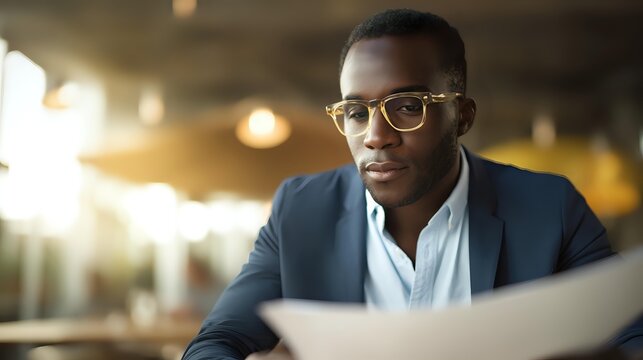 Focused businessman in navy suit reviewing documents in warm-lit office environment, conveying professionalism and concentration during important work task.