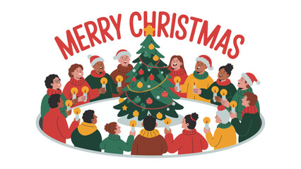 Christmas Carolers: A heartwarming illustration of a diverse group of carolers gathered around a beautifully decorated tree, singing joyous carols with lit candles, embodying the spirit of Christmas.