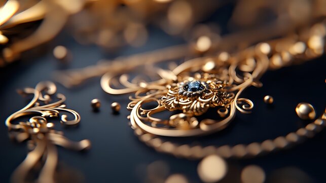 Elegant gold jewelry with intricate filigree details and gemstones on dark background, showcasing luxury craftsmanship for high-end accessories marketing.