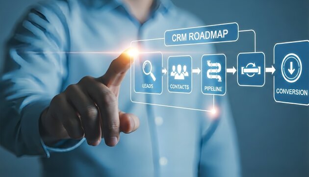 Man touching a crm roadmap interface with leads contacts pipeline and conversion steps