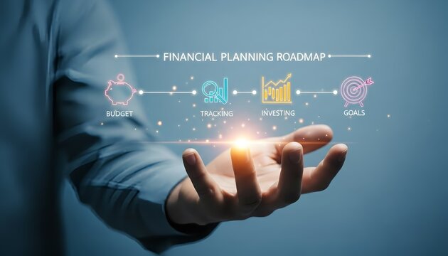 Hand presenting financial planning roadmap with budget tracking investing and goals icons - Powered by Adobe