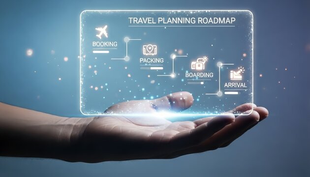 Hand holding transparent screen with travel planning roadmap steps interface display