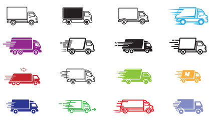 Collection of delivery truck icons, showcasing various styles and colors, perfect for illustrating transportation, logistics, and fast shipping services in modern designs