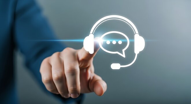 Man pointing at a digital icon of a headset with a speech bubble on a gray background - Powered by Adobe