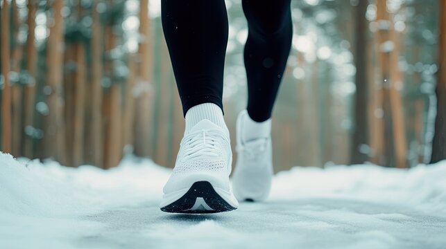 A pair of running shoes in bright white navigate through fresh snow, with black sportswear visible on the legs, walking along a serene forest path - Powered by Adobe
