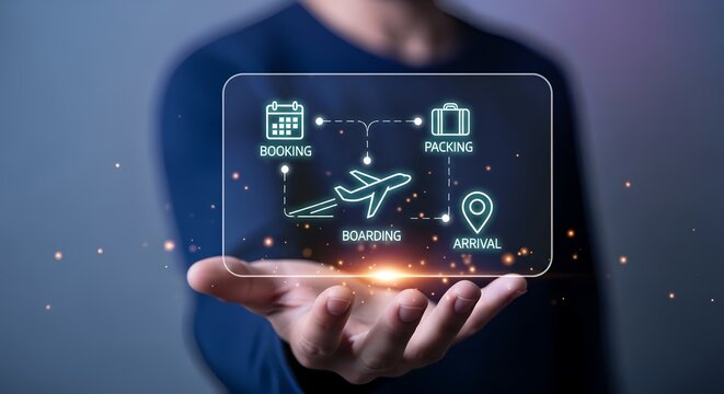 Person holding a translucent screen displaying travel planning icons in their hand