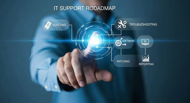 Man pointing at it support roadmap with ticketing troubleshooting software patching reporting
