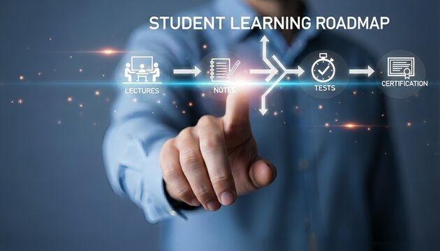 A hand interacting with a digital student learning roadmap interface on a screen