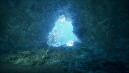 Obraz premium Bright sunlight streams through an opening in an underwater cave, illuminating the rich colors of marine life and rocky formations. This enchanting scene captures the beauty of the ocean depths.