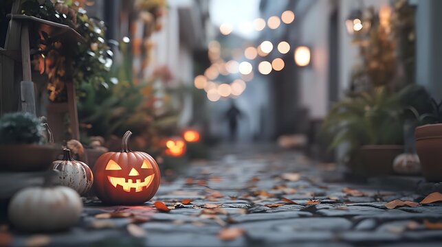 Glowing jack-o'-lantern on cobblestone alley with autumn leaves, bokeh lights, and decorative pumpkins creating festive Halloween atmosphere.