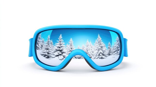 A pair of ski goggles displays a stunning reflection of snow-covered trees and a clear blue sky. This detailed illustration highlights winter's beauty and outdoor adventure