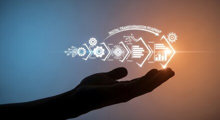 A silhouette hand holding a digital transformation roadmap with gears and charts glowing