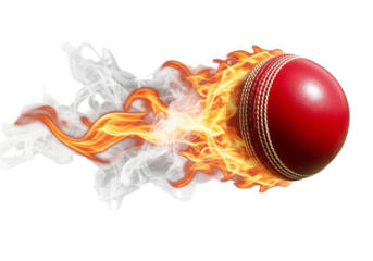 Red cricket ball engulfed in flames and smoke isolated on a transparent background red ball fire