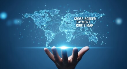A hand holding a glowing digital world map with cross border payment route map text