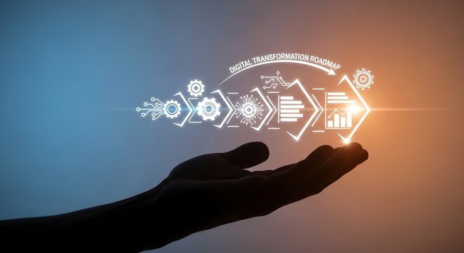 A silhouette hand holding a digital transformation roadmap with gears and charts glowing