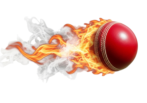 Red cricket ball engulfed in flames and smoke isolated on a transparent background red ball fire