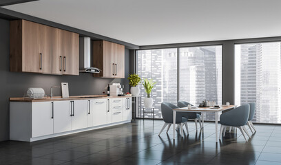 Corner view of panoramic wooden half white kitchen, blue chairs