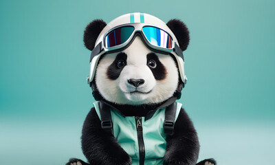 Naklejka premium Cute Baby Panda Wearing Teal Protective Suit in Studio on Turquoise Background 