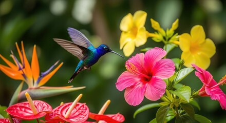 Obraz premium National Bird Hummingbird flying near tropical flowers bird, wildlife, colorful, exotic